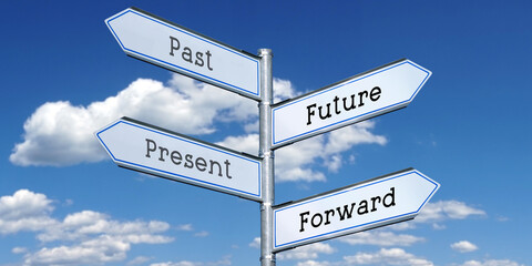 Future, past, forward, present - metal signpost with four arrows