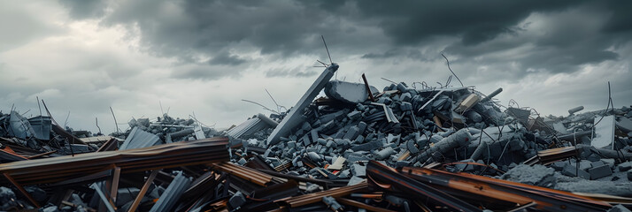 Destroyed building debris scattered against gray sky background. - obrazy, fototapety, plakaty