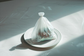A plastic bag served on top of a plate, microplastics in food and zero waste concept.