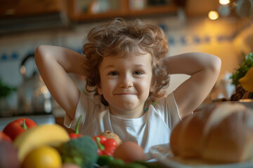 Fototapeta na wymiar A young boy is standing in front of a table full of fruits and vegetables. He is smiling and flexing his arms muscle, eating healthy food concept