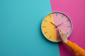 Hand adjusting clock, time management concept, pastel background.
