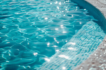 A swimming pool filled with crystal-clear blue water, shimmering under the sunlight, with bubbles rising to the surface