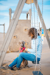 Young girl sitting on a swing on the beach plays with her Weimaraner dog. Braco de Weimar happy with young woman on the beach, sitting waiting.