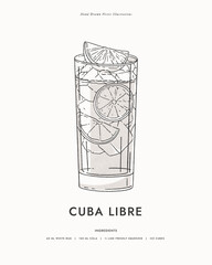 Cuba Libre. Cold cocktail with rum, cola, lime slices and pieces of ice in a glass glass. A classic alcoholic drink. Illustration for drinks cards, bar and wedding menus, cards and website graphics.