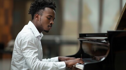 Young africian handsome man playing piano - obrazy, fototapety, plakaty