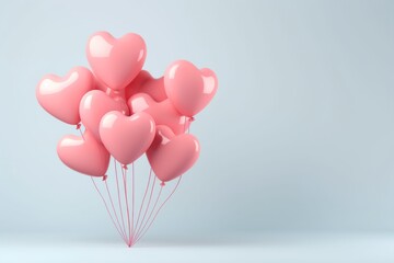 Pink heart shaped helium balloons on a plain blue background. Concept for dating, Valentine's day, anniversary, wedding, birthday, mother's day