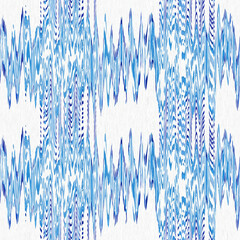 Indigo ikat dye stripe marled seamless pattern. Asian style wavy distort weave print in modern blue white. - 781312063