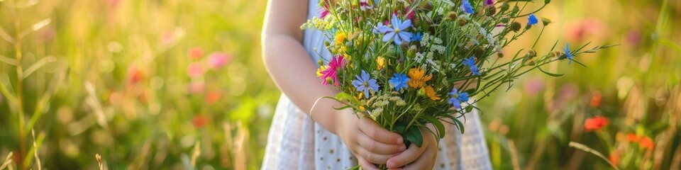 Fototapeta na wymiar A young girl presents a bouquet of wildflowers