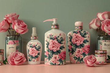 A table covered in an abundance of pink flowers and various cosmetic bottles for a decorative display