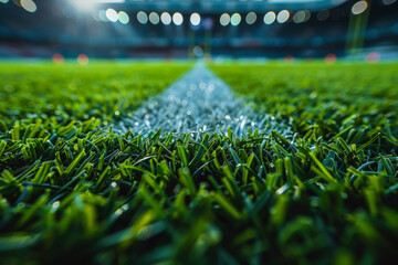 A soccer field featuring lush green grass with bright lights in the background, ready for an intense match under the floodlights - obrazy, fototapety, plakaty