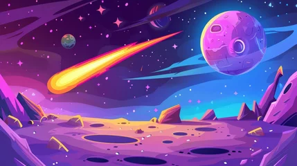 Gordijnen A galaxy background with planet, stars and meteor in outer space. An alien planet or moon landscape with craters and comets in the night sky, modern illustration. © Mark
