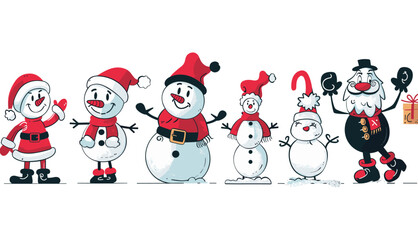 クリスマスの漫画のキャラクター。トレンディなレトロな漫画スタイルの雪だるま、サンタ クロースを含むベクトル漫画イラストのセット。