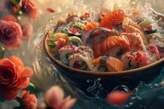 Creative image of Asian cuisine with shrimp, sushi, rice, fish floating in the air in a bowl of water among flowers around
