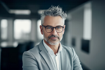Portrait of a stylish silver hair businessman in glasses standing with arms crossed in a office