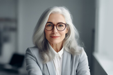 A portrait of a middle-aged business woman sitting at the table with laptop in her office