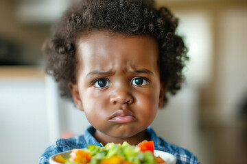 Sad little boy refuses to eat nutritious salad, African American child - obrazy, fototapety, plakaty