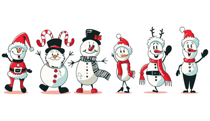 トレンディなレトロな漫画スタイルのクリスマスのキャラクター、サンタクロース、雪だるまを含むベクターコミックイラストのセット。