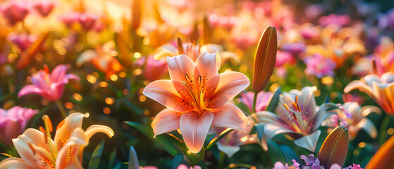 Vibrant Lily Flowers in Full Bloom, Rich Colors and Delicate Petals, Splendor of Summer Garden, Floral Elegance