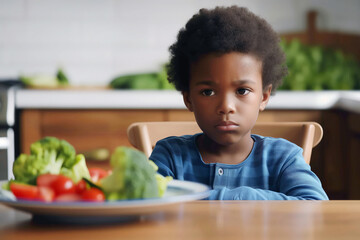 Unhappy kid refuses to eat salad, African American boy in kitchen