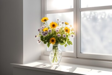 flowers in a vase on the windowsill with sunbeams