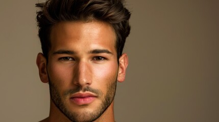 Obraz premium Handsome Young Man with Stubble Portrait on Neutral Background