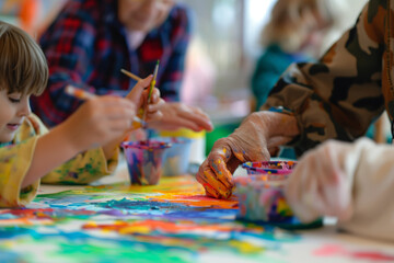 Art workshops in a bright studio space, where seniors collaborate with children on creative projects