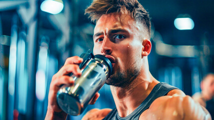 image of a young man hydrating during a workout session underscores importance of water physical health and the pursuit of active lifestyle. His focused gaze away from the camera. Banner. Copy space