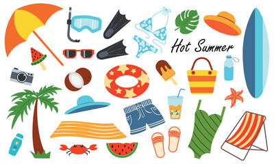 Set with Summer elements for beach holidays, relaxing by the pool, cocktails and a folding chair. Vector colorful illustration, for prints, stickers, icons. Summer vibe concept