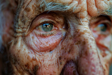 Close-up of an elderly man's face. Strictly human skin with wrinkles macro photography