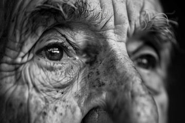 Close-up of an elderly man's face. Strictly human skin with wrinkles macro photography