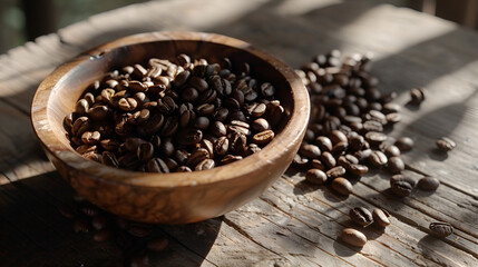 Cup coffee beans wooden, coffee concept for banner 