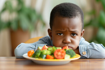 Little african american boy's aversion to salad evident in his unhappy expression - obrazy, fototapety, plakaty