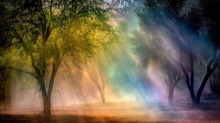 Enchanted Forest Scene with Sunbeams and Mist.