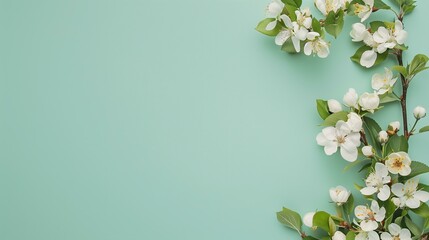 frame blooming apple branch on a mint green solid color background, copy space