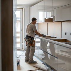 Carpenter Working Diligently on Installing New White Kitchen Cabinets During a Home Renovation Project