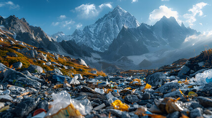A mountain peak, with discarded food wrappers scattered on the rocky terrain as the background, during an alpine cleanup expedition - obrazy, fototapety, plakaty