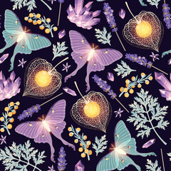 Moon moth and flowers vector seamless pattern