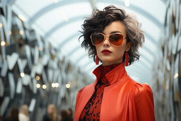A female fashion model with an edgy haircut, posing in avant-garde and artistic clothing in a...