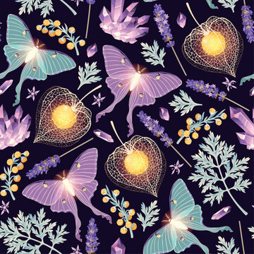 Moon moth and flowers vector seamless pattern
