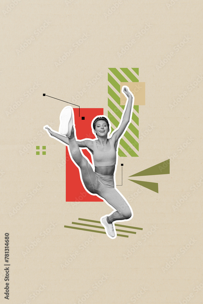 Poster vertical photo collage of happy sportswoman perform twine flexible gymnastics skill air sexy fit bod