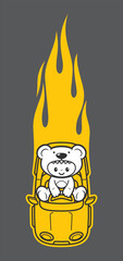 Vector yellow symbol with an image of a child sitting in a car disguised as a teddy bear and flames. Isolated grey background.