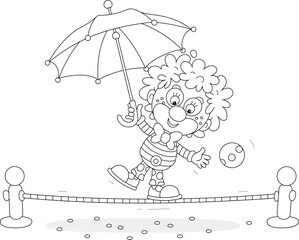 Funny curly-headed circus clown equilibrist playing with a striped umbrella and balancing on a taut rope in a fun performance, black and white vector cartoon illustration for a coloring book - obrazy, fototapety, plakaty