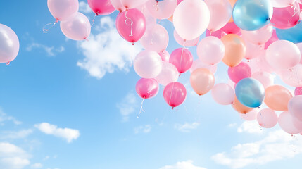 Colorful Balloons Ascending into Blue Sky for Festive Background