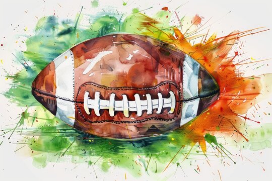  American football ball watercolor abstract picture on white background and American flag