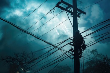 An electrician repairing power lines during a heavy storm,An electrician repairing power lines,  AI generated