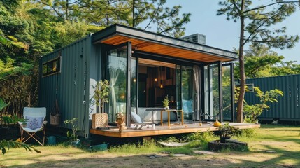 Modern shipping container house home, tiny house in sunny day. Shipping container houses is sustainable, eco-friendly living accommodation or holiday home, Generative Ai
