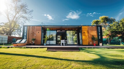 Modern shipping container house home, tiny house in sunny day. Shipping container houses is sustainable, eco-friendly living accommodation or holiday home, Generative Ai - obrazy, fototapety, plakaty