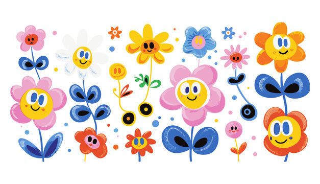 トレンディなレトロな漫画スタイルのグルーヴィーなファンキーなコミック デイジーの花のキャラクター ステッカー パックのベクター イラストです。抽象的な雲の形、波状のスパイラル、目の付いたループ要素