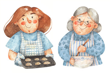 Young and old women cooking. Watercolor Mother and Granny isolated on white background. Hand-drawn illustrations for greeting card