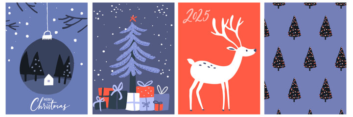 Christmas posters collection with deer, spruce pattern, snow globe with trees and tiny house, cute seasonal illustrations set - 781315443